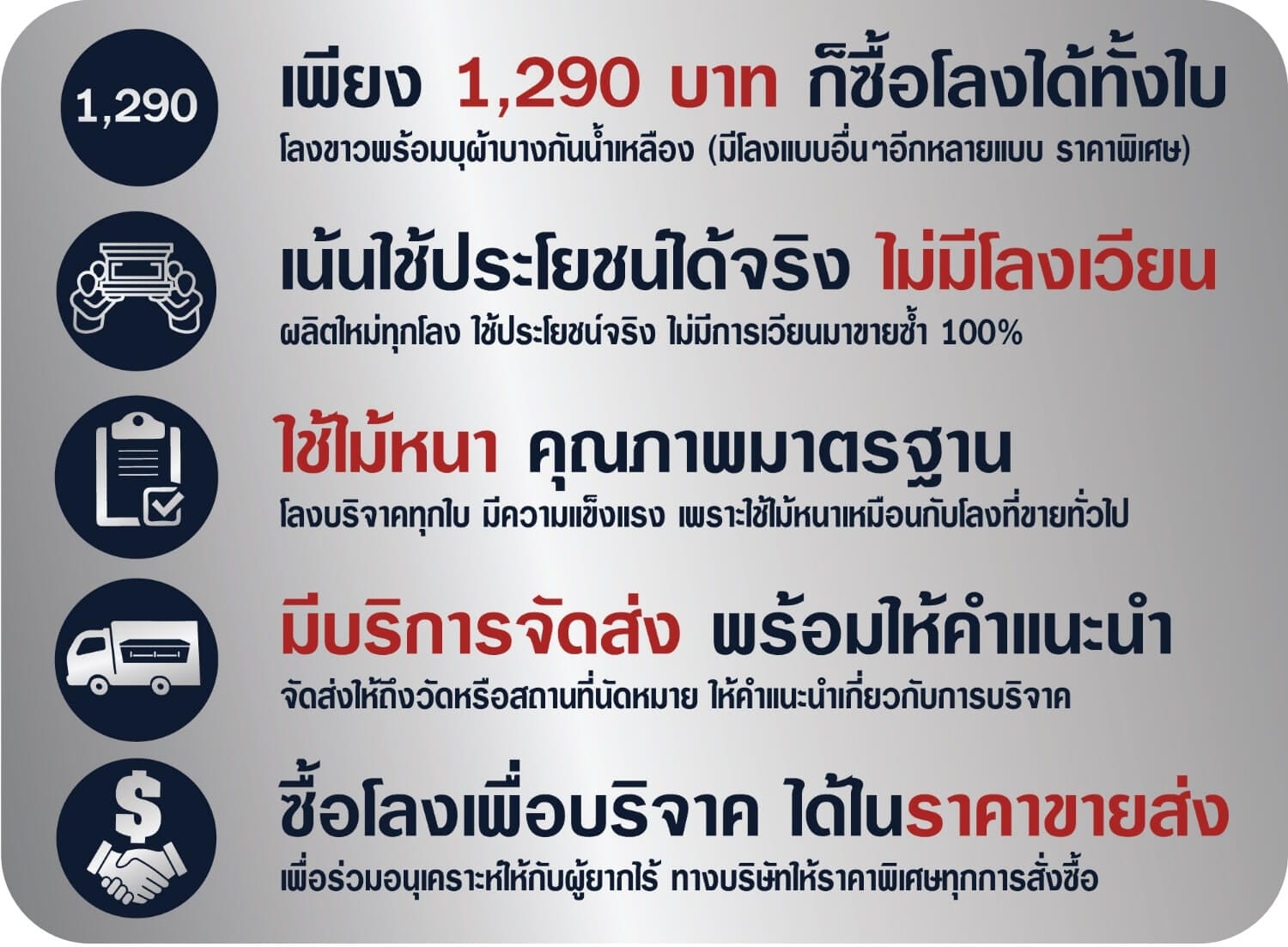 เพียง 1290 บาท ก็ซื้อโลงได้ทั้งใบ เน้นใช้ประโยชน์ได้จริง ไม่มีโลงเวียน ใช้ไม้หนา คุณภาพมาตรฐาน มีบริการจัดส่ง พร้อมให้คำแนะนำ ซื้อโลงเพื่อบริจาค ได้ในราคาขายส่ง