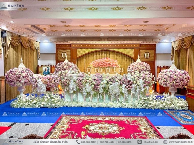 ดอกไม้หน้าศพหรูหราแบบพุ่ม โทนสีชมพู จัดดอกไม้หน้าศพสวยหรู ดอกไม้หน้าศพวัดโสมนัส